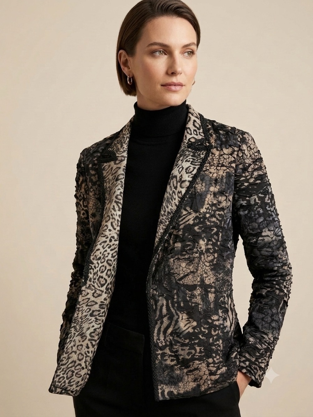 Chico's XL Black Gold Open-Front Blazer Braided Trim Animal LS Jacket